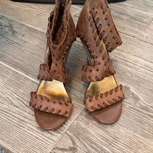 Fergie Brown Heeled Sandals with bronze Accents size 7